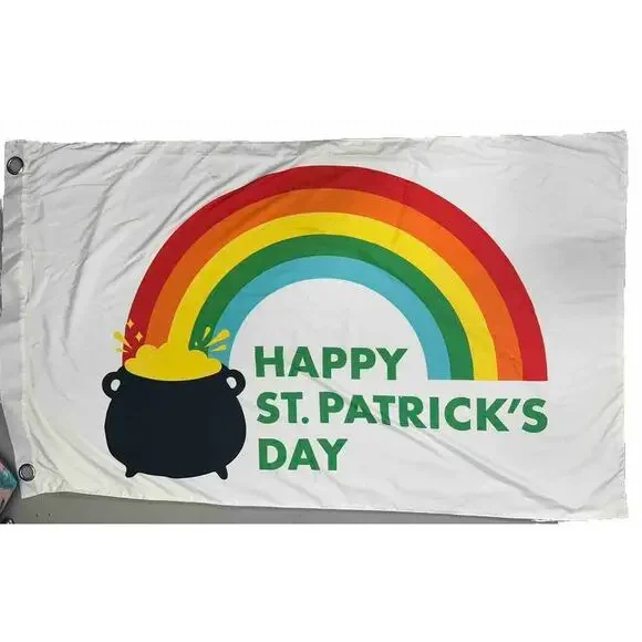 Happy St. Patricks Day Flag with Grommets Pot of Gold Rainbow LARGE 3’ x 5’ - Picture 1 of 3